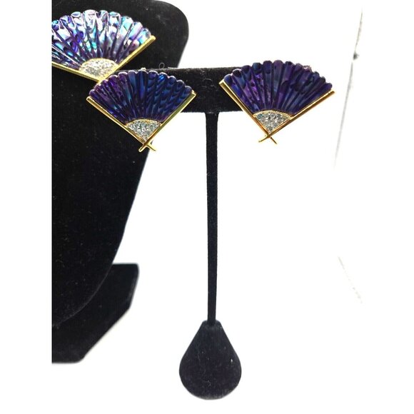 Butler Signed Rare Purple Abalone Shell Fan Brooch and Clip Earring Set Vintage - Picture 7 of 7